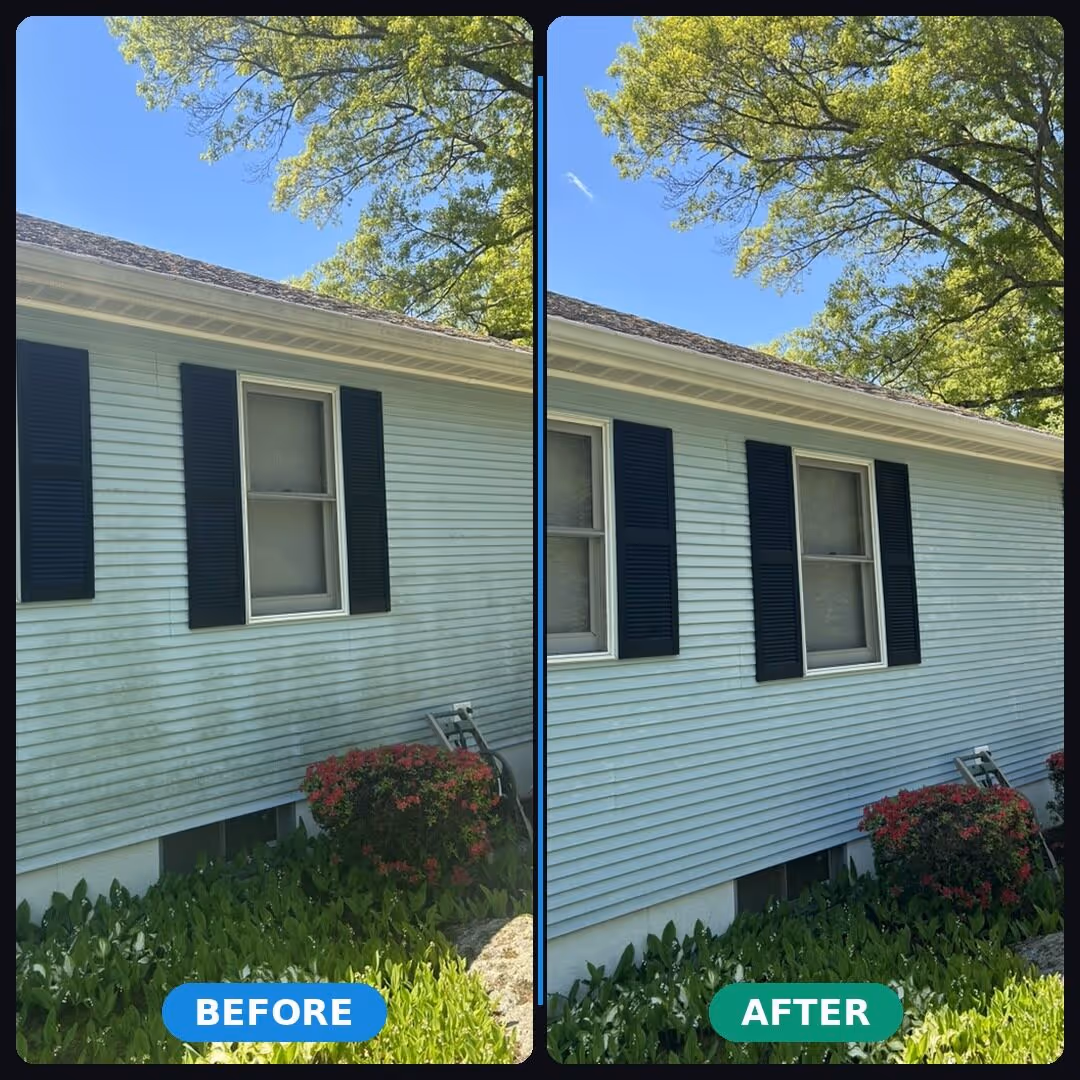 Side-by-side before and after of blue ranch house wash