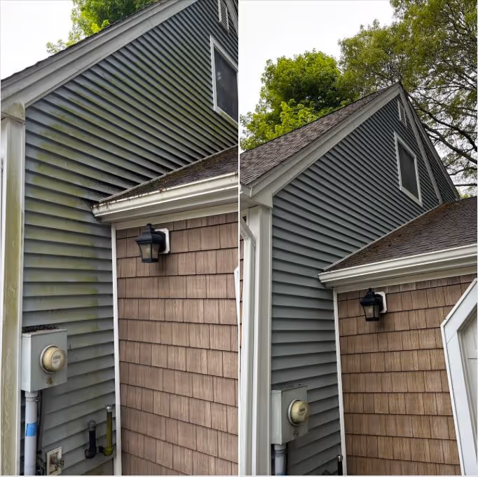 Side-by-side before and after of cedar shake house wash