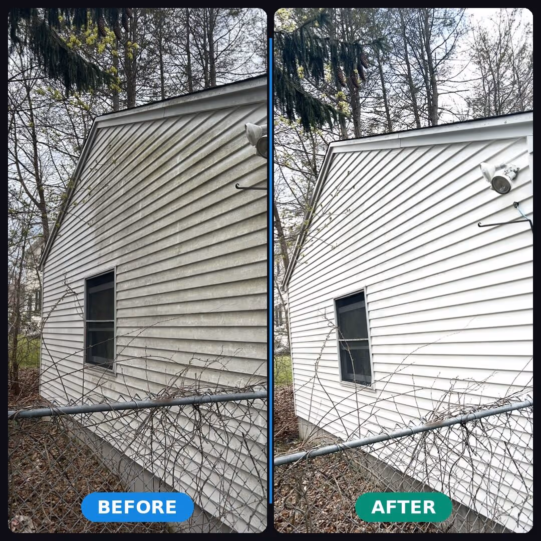 Side-by-side before and after of white siding house wash