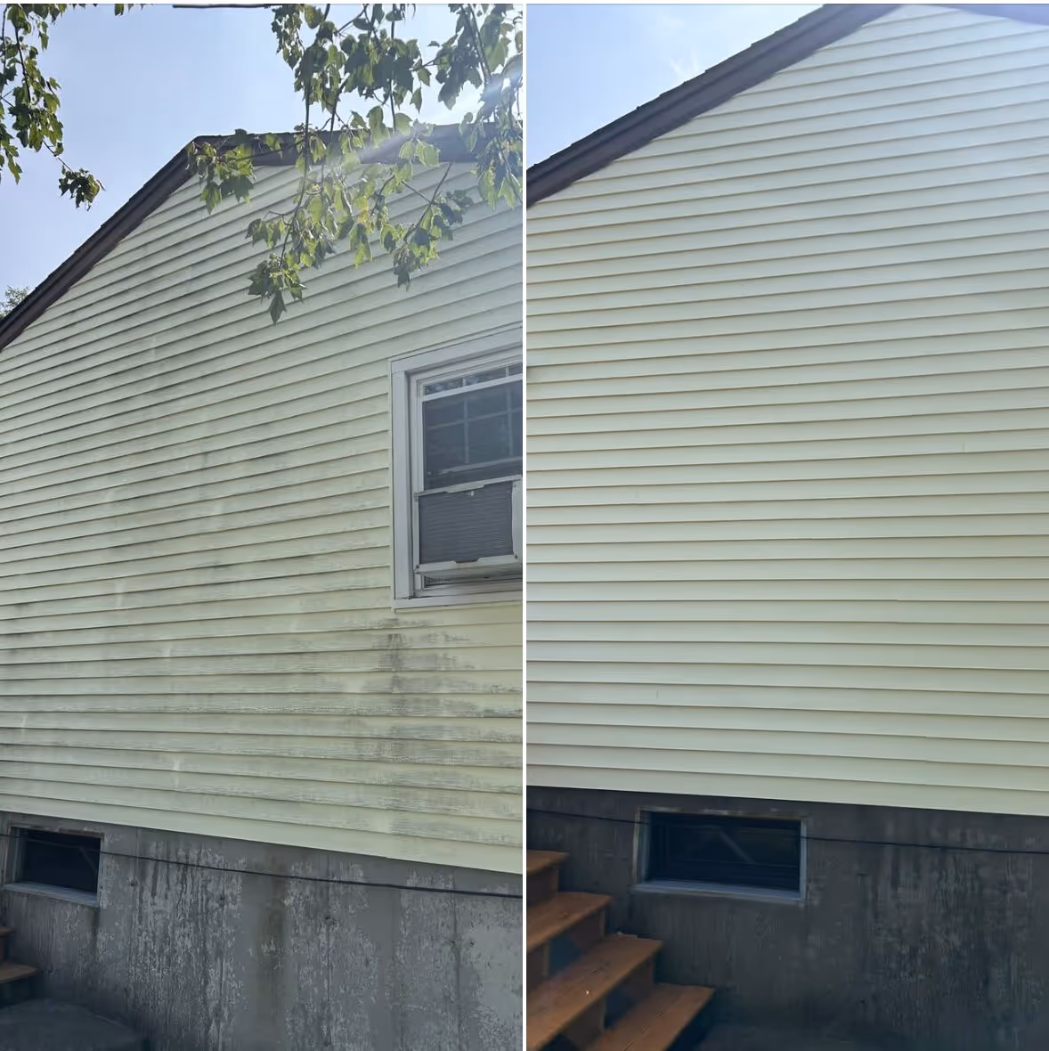 Side-by-side before and after of cream siding house wash
