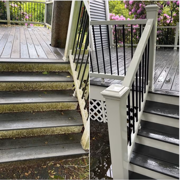 Side-by-side before and after of deck and stair cleaning