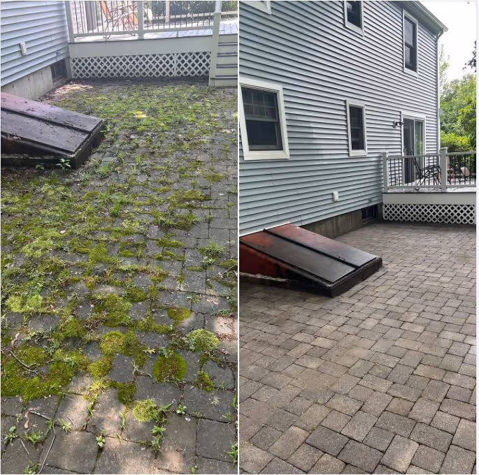 Side-by-side before and after of paver patio moss removal
