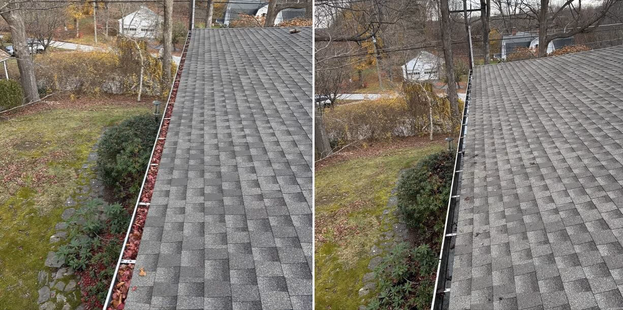 Side-by-side before and after of gutter and roofline cleaning