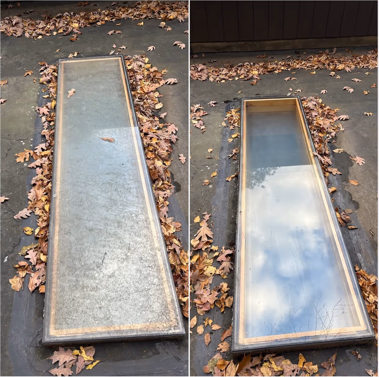 Side-by-side before and after of skylight glass cleaning