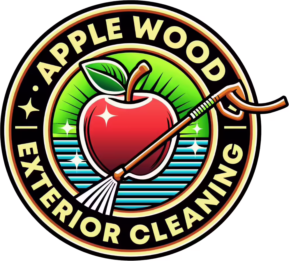 Logo with a red apple, green leaf, and pressure washer wand for Apple Wood Exterior Cleaning.
