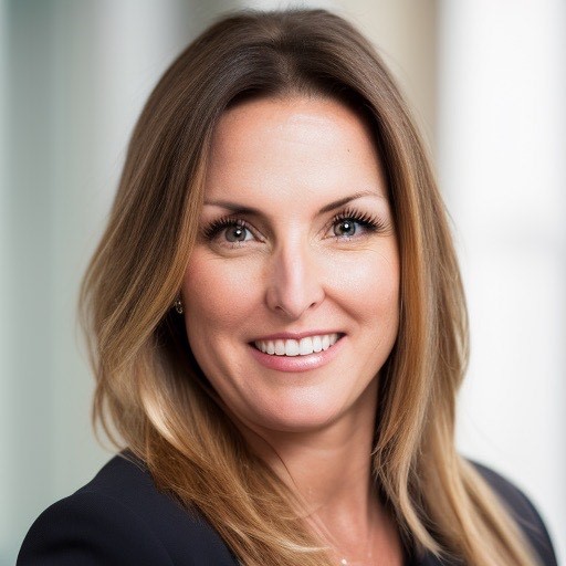 Smiling woman with long light brown hair wearing a dark blazer against a light background.