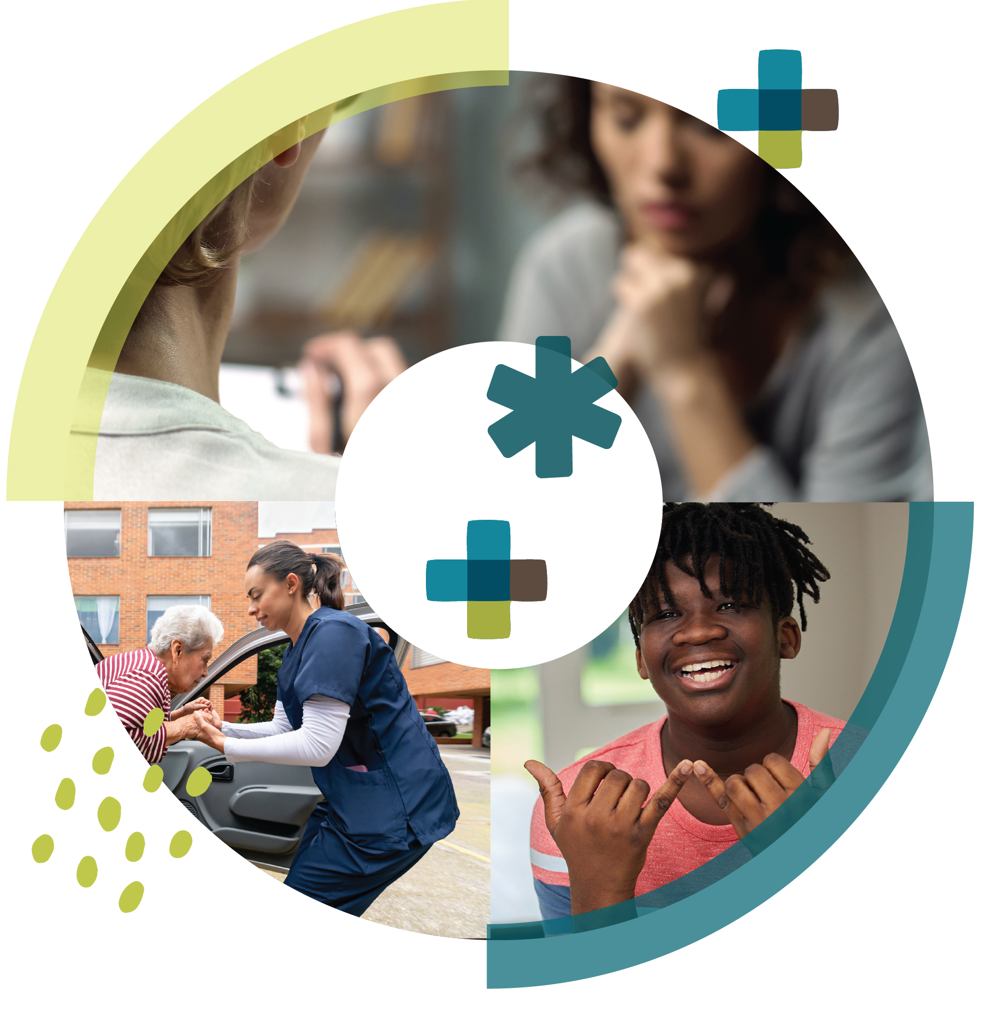 Collage: care worker assisting elderly woman, smiling young man, and two people in a serious conversation.