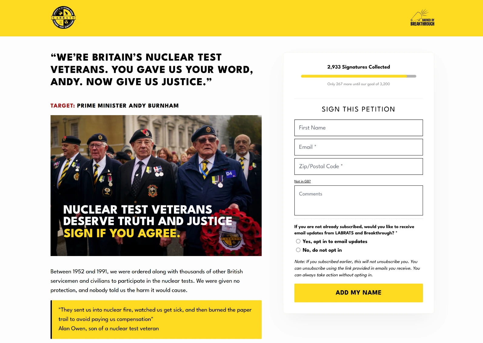 Action Network petition page with a custom wrapper in a campaign's yellow and black branding