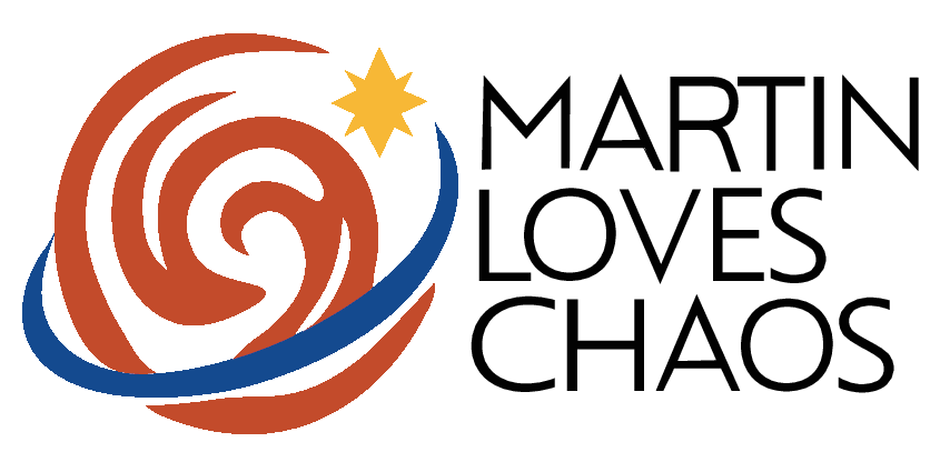Martin Loves Chaos logo with a red spiral, blue swoosh, and yellow star beside black text.