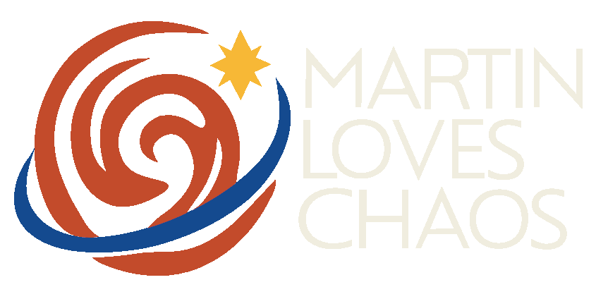 Red spiral planet with blue ring and yellow star next to the words Martin Loves Chaos.