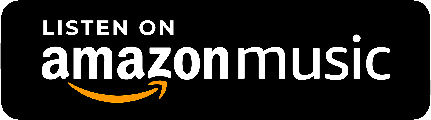 Listen on Amazon Music text with Amazon smile arrow on black background.
