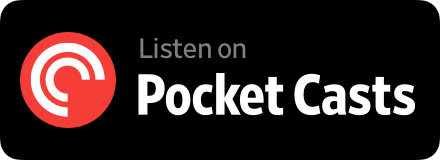 Red and white Pocket Casts app logo with text 'Listen on Pocket Casts' on black background.