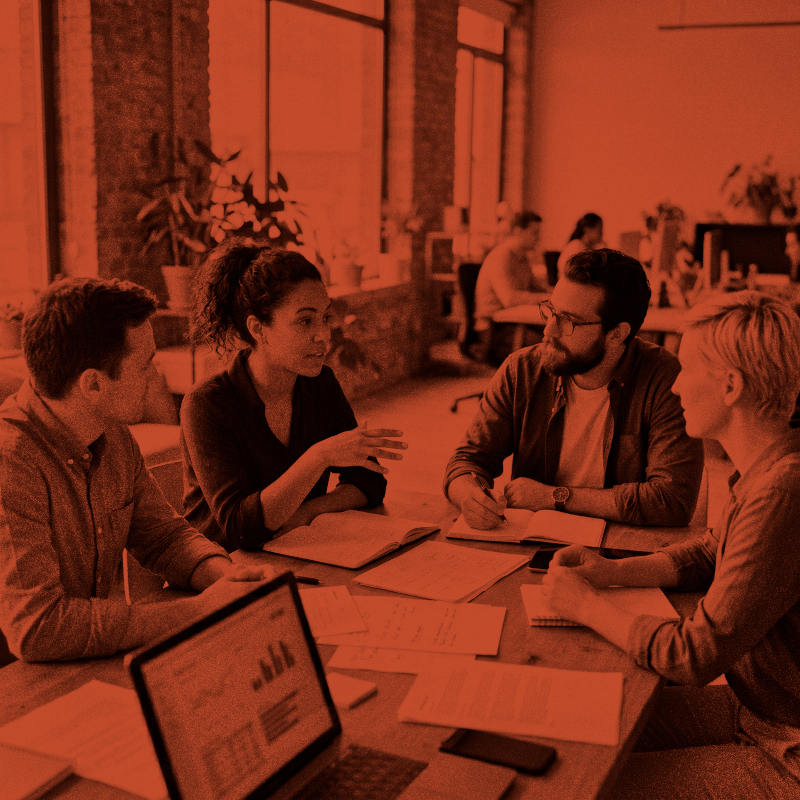 Four colleagues in a meeting discussing notes and graphs at a workplace table.