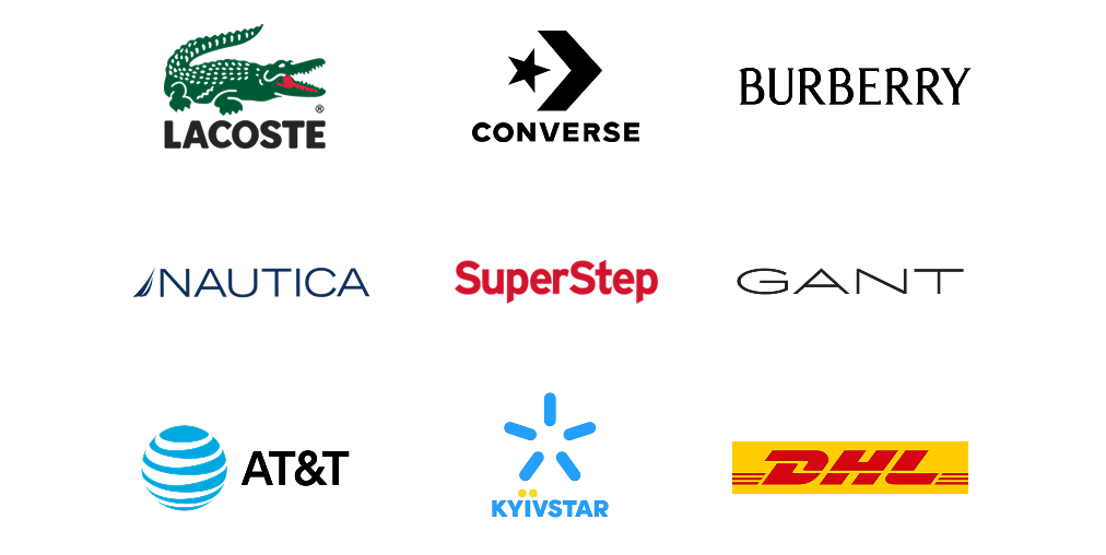 Edge Signal's showcase customer list: Lacoste, Converse, Burberry, Nautica, SuperStep, GANT, AT&T, Kyivstar, DHL