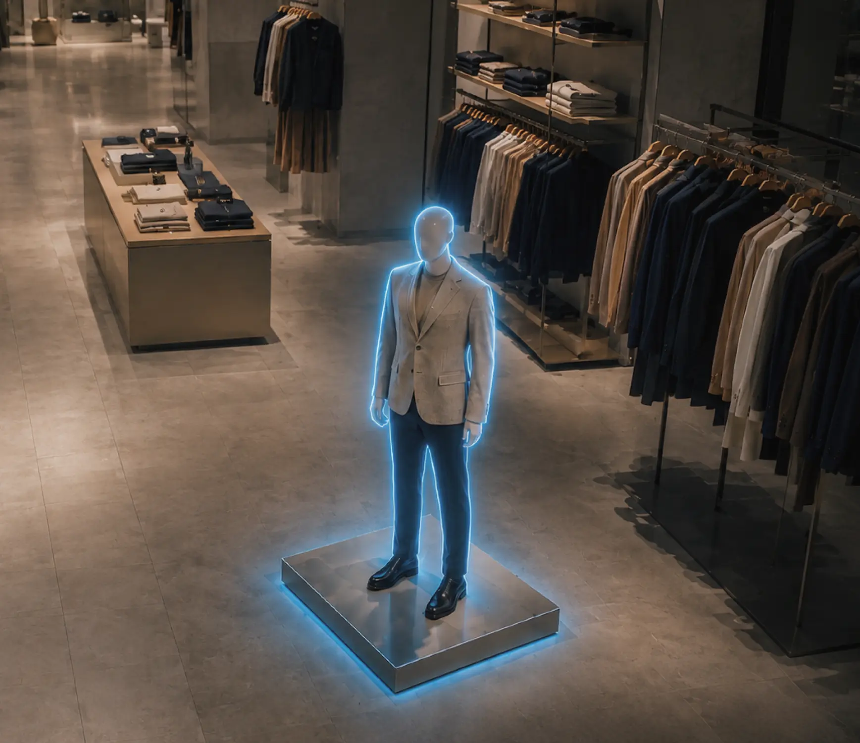 Edge Signal physical AI deployment in retail. Mannequin in blazer and trousers glowing with blue outline in a modern clothing store.