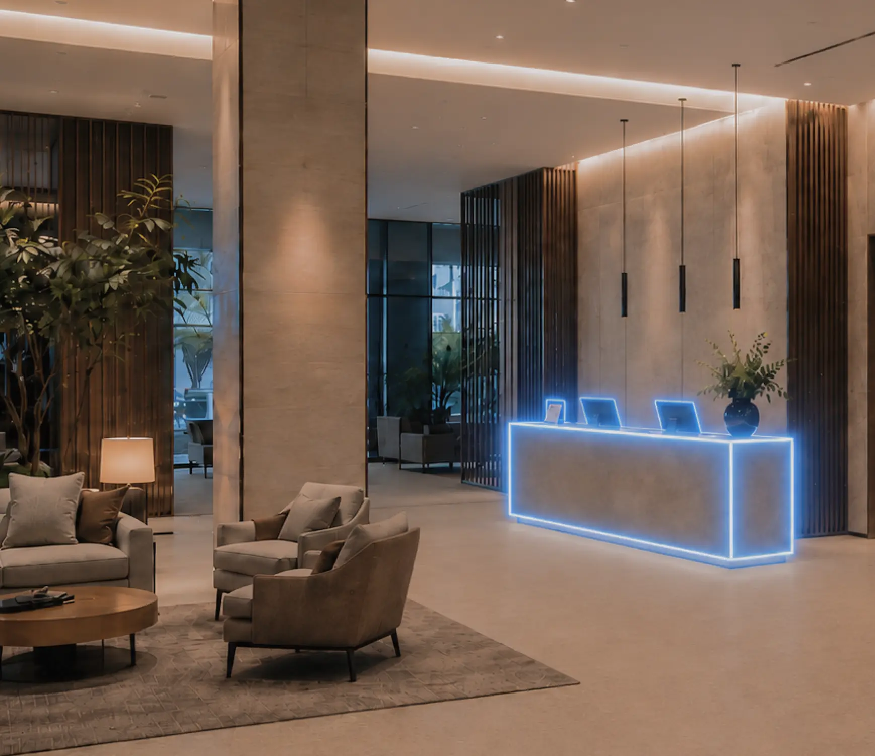 Edge Signal physical AI deployment in hospitality. Modern hotel lobby with a glowing reception desk, seating area, plants, and warm lighting.