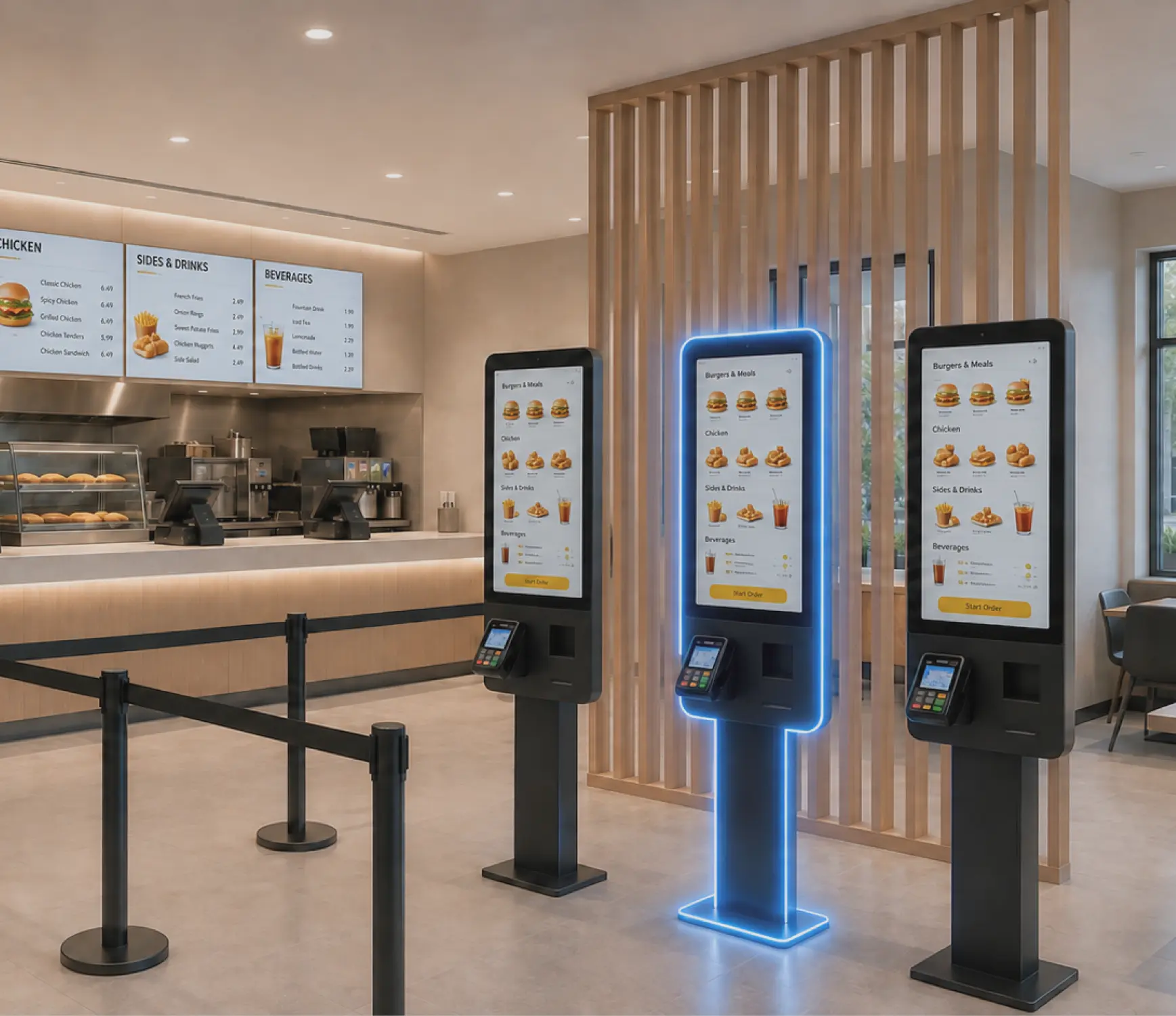 Edge Signal physical AI deployment in Food and Beverage. Three self-order kiosks in a fast-food restaurant with digital menus and payment terminals.