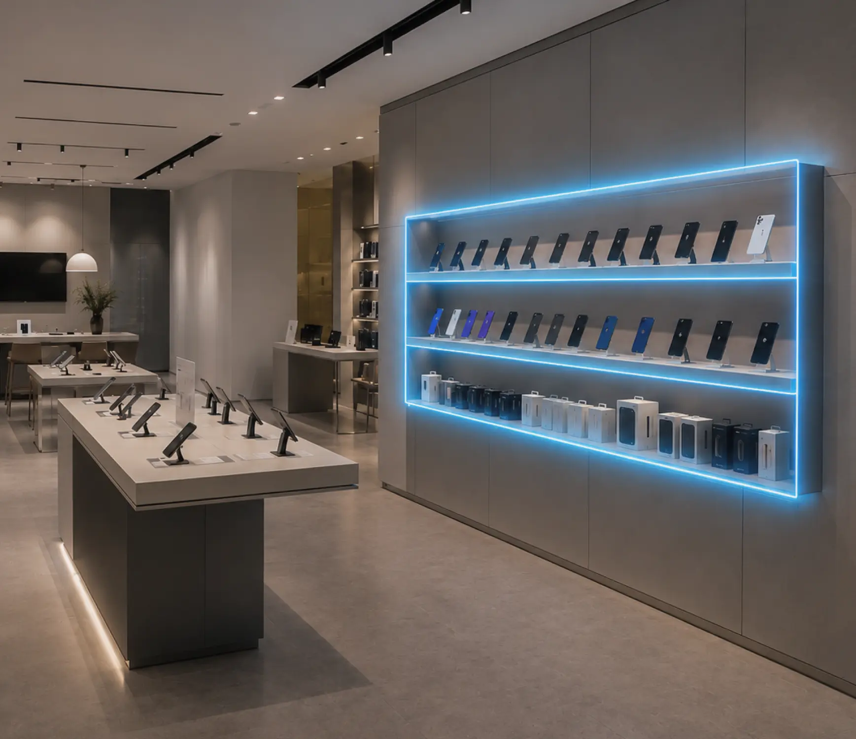 Edge Signal physical AI deployment in telecom retail. Modern telco retail store interior with smartphones on tables and shelves lit by blue AI lights.