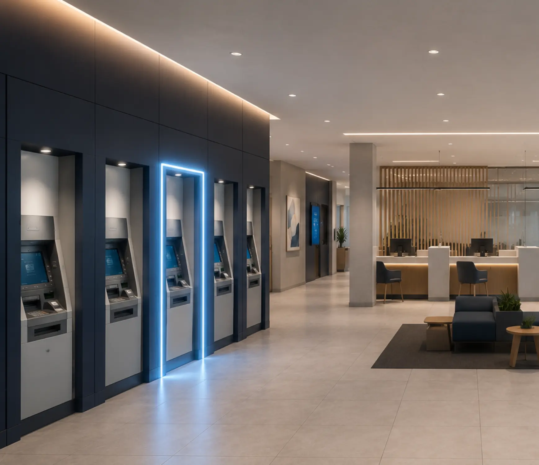 Edge Signal physical AI deployment in banking. Modern bank interior with multiple ATMs and a counter area with seating and plants.