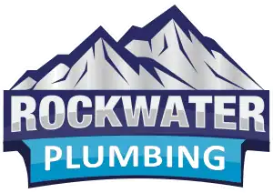 Logo of Rockwater Plumbing with mountains above the text in blue and silver colors.
