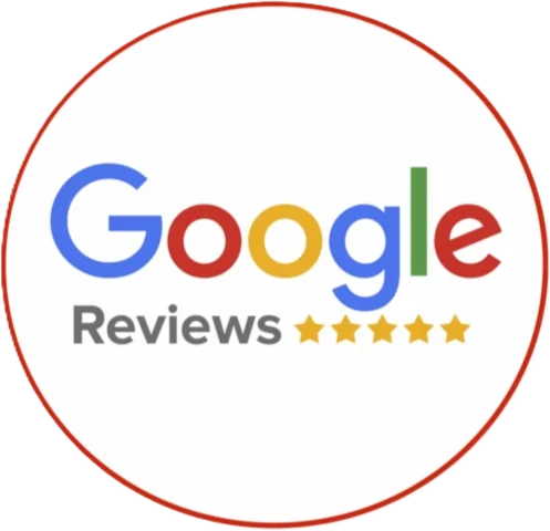 Google Reviews text with five gold stars below the word Reviews in a circular frame.