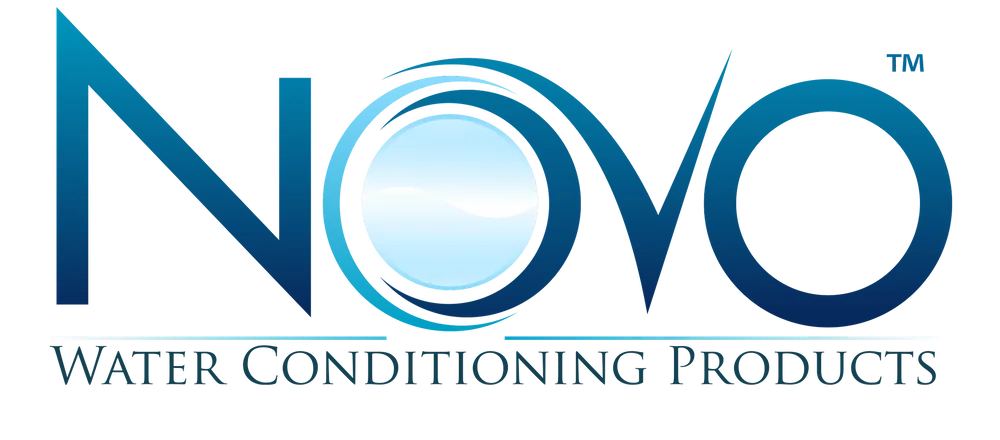 Novo logo with stylized letters and tagline Water Conditioning Products.