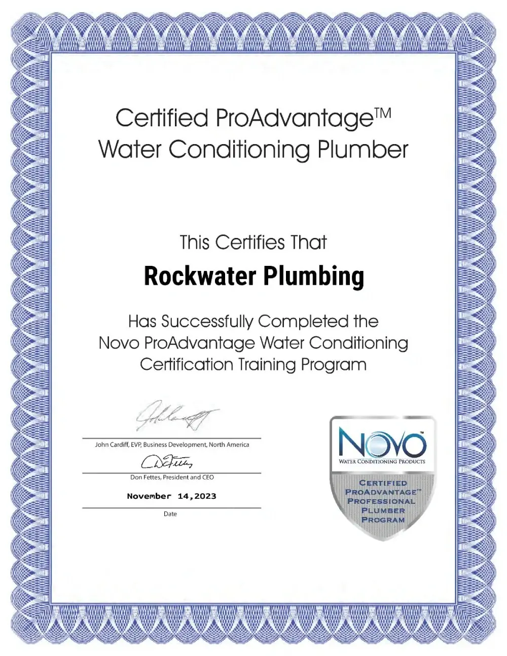 Certificate awarded to Rockwater Plumbing for completing Novo ProAdvantage Water Conditioning training on November 14, 2023.