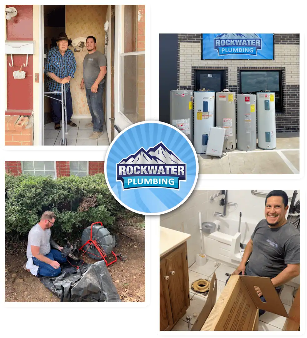 Four photos: plumbers at work, water heaters outside Rockwater Plumbing building, and Rockwater Plumbing logo.