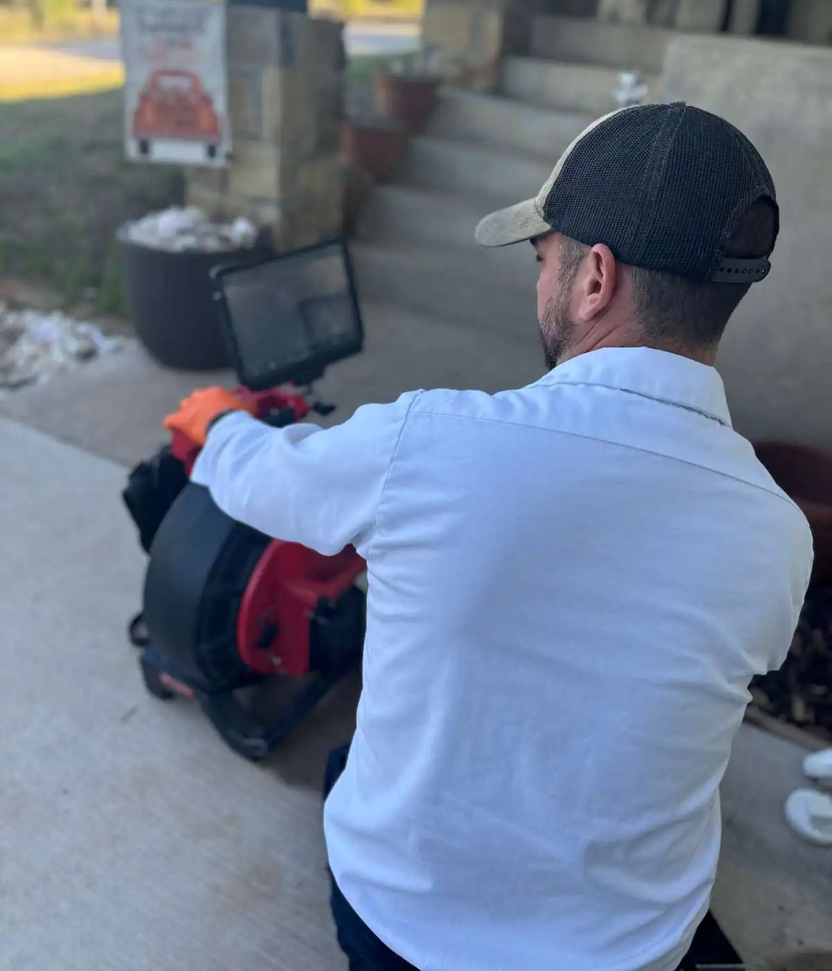 Man in a white shirt and black cap operating a red and black inspection camera with a monitor outdoors.