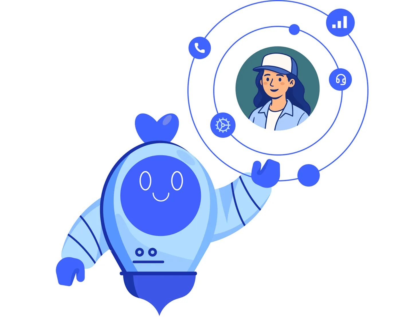 Illustration of a friendly AI robot coordinating communication between a human agent and multiple channels including calls, analytics, and messaging tools.