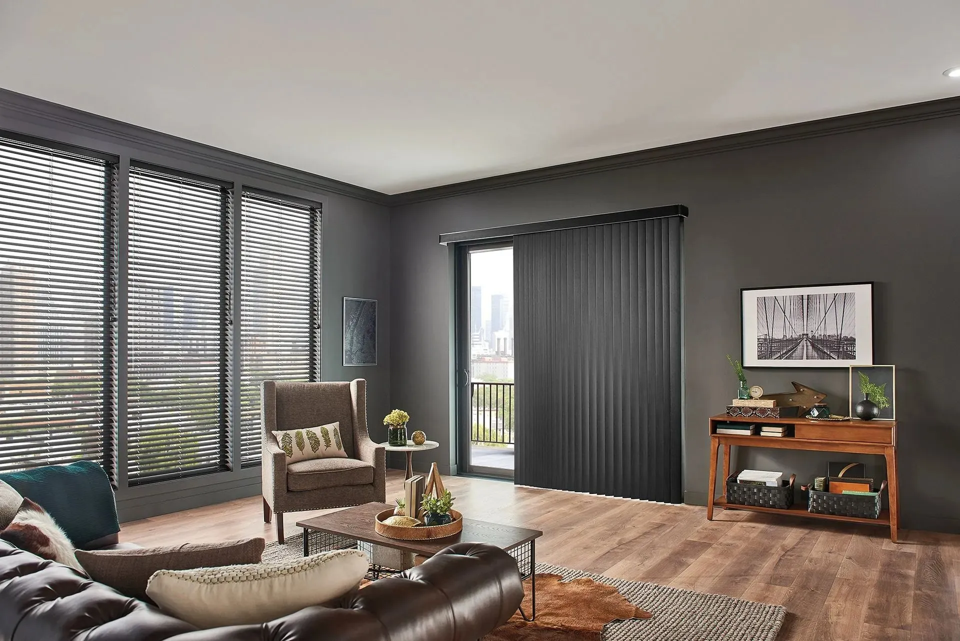 Dark horizontal blinds and matching vertical blinds on a patio door in a living room