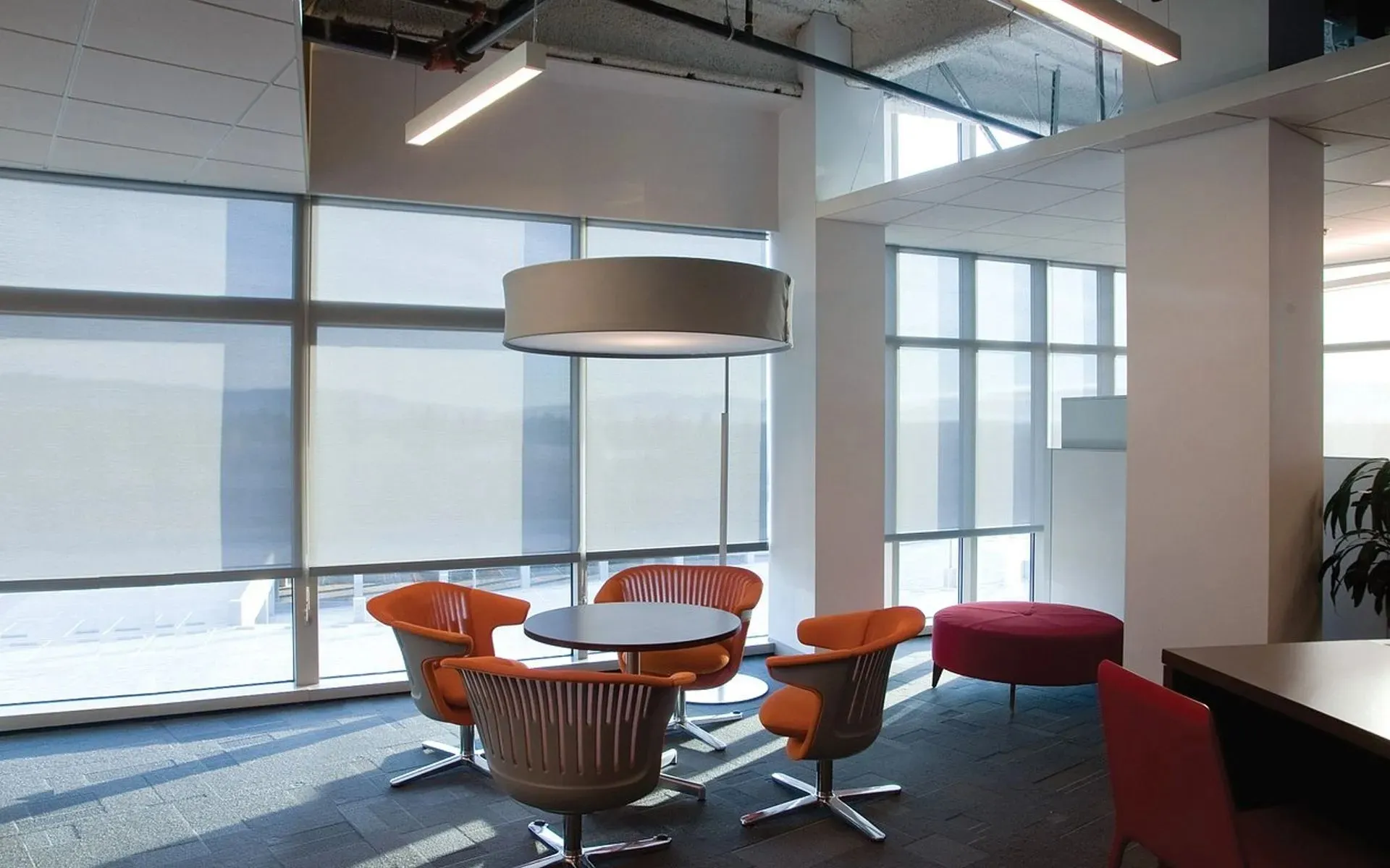 Light-filtering roller shades on large office windows in a break area