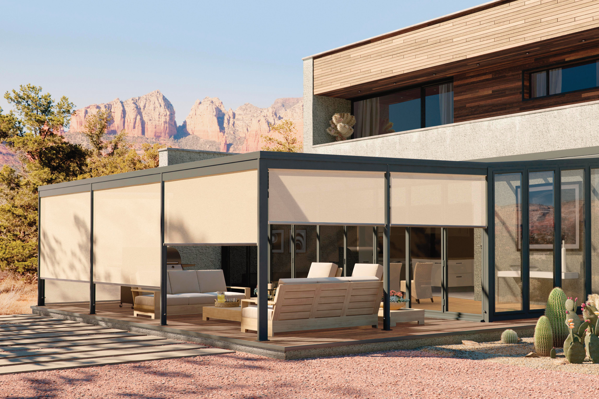 Exterior solar shades partly lowered around a modern patio pergola