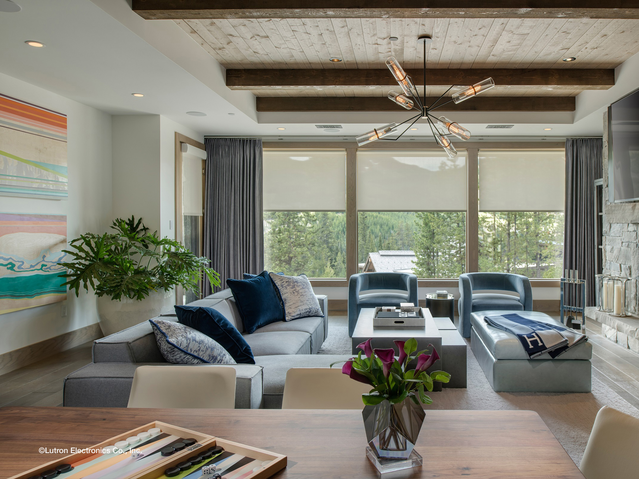 Living room with light-filtering roller shades partly lowered over mountain-view windows