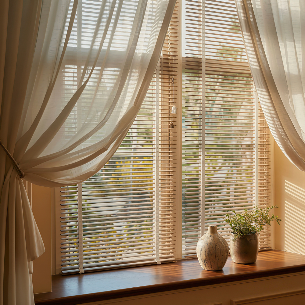 Light composite blinds behind sheer curtains on a sunny window with a vase and plant