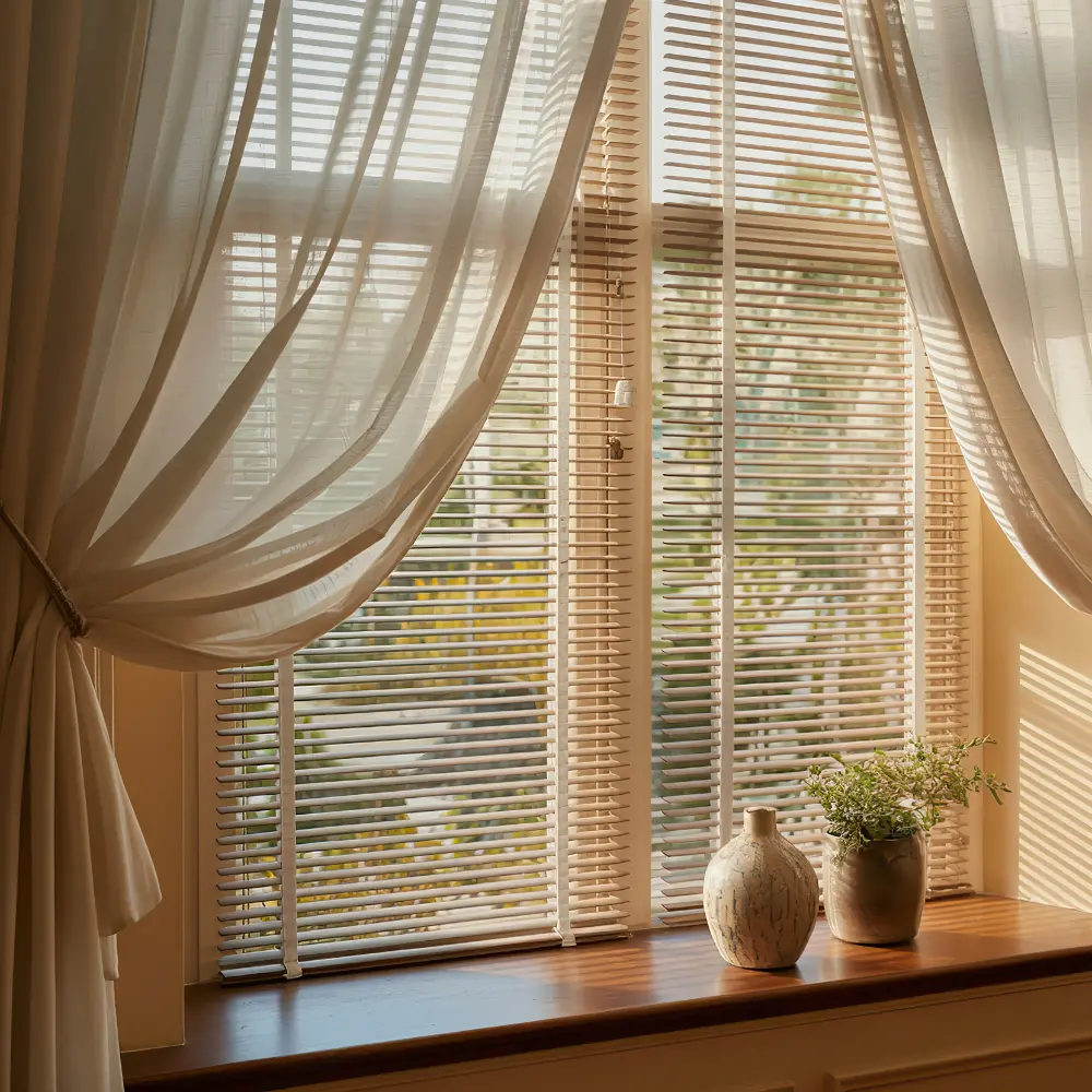 Light composite blinds behind sheer curtains on a sunny window with a vase and plant