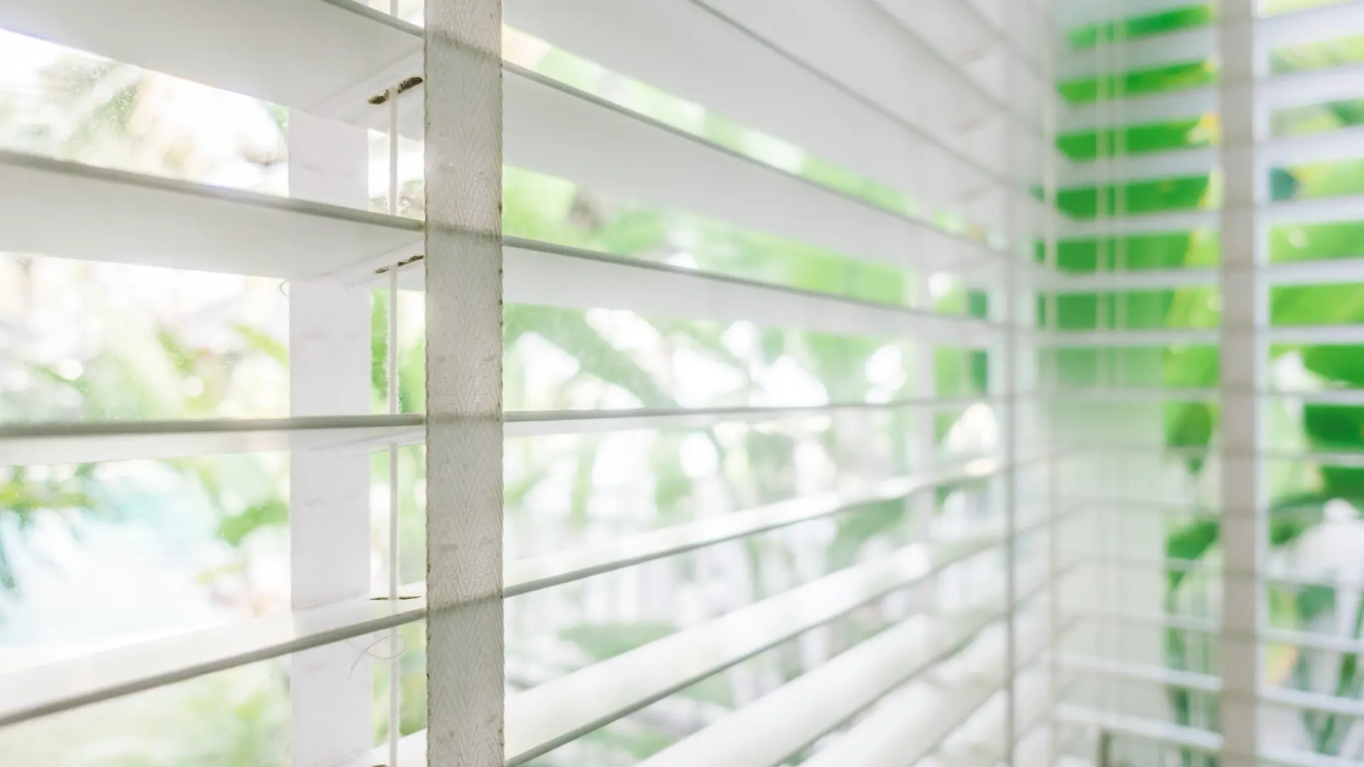 Close-up of white horizontal blinds with greenery visible through the slats