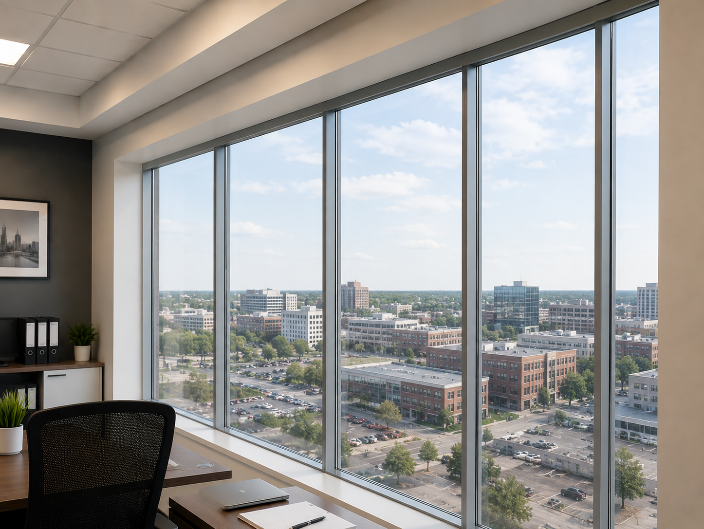 Office windows overlooking the city before installing vinyl blinds