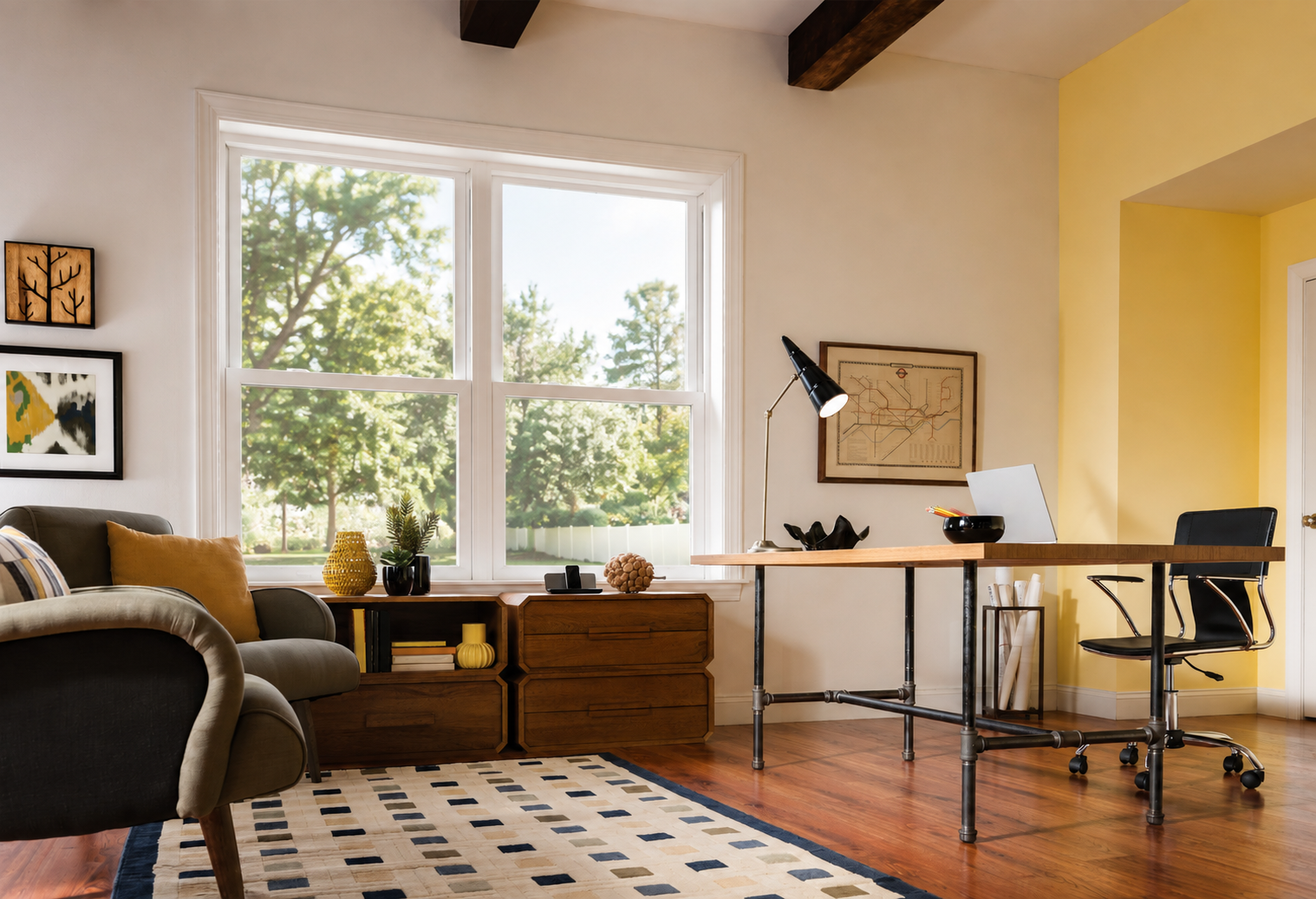 Home office windows before installing faux wood blinds