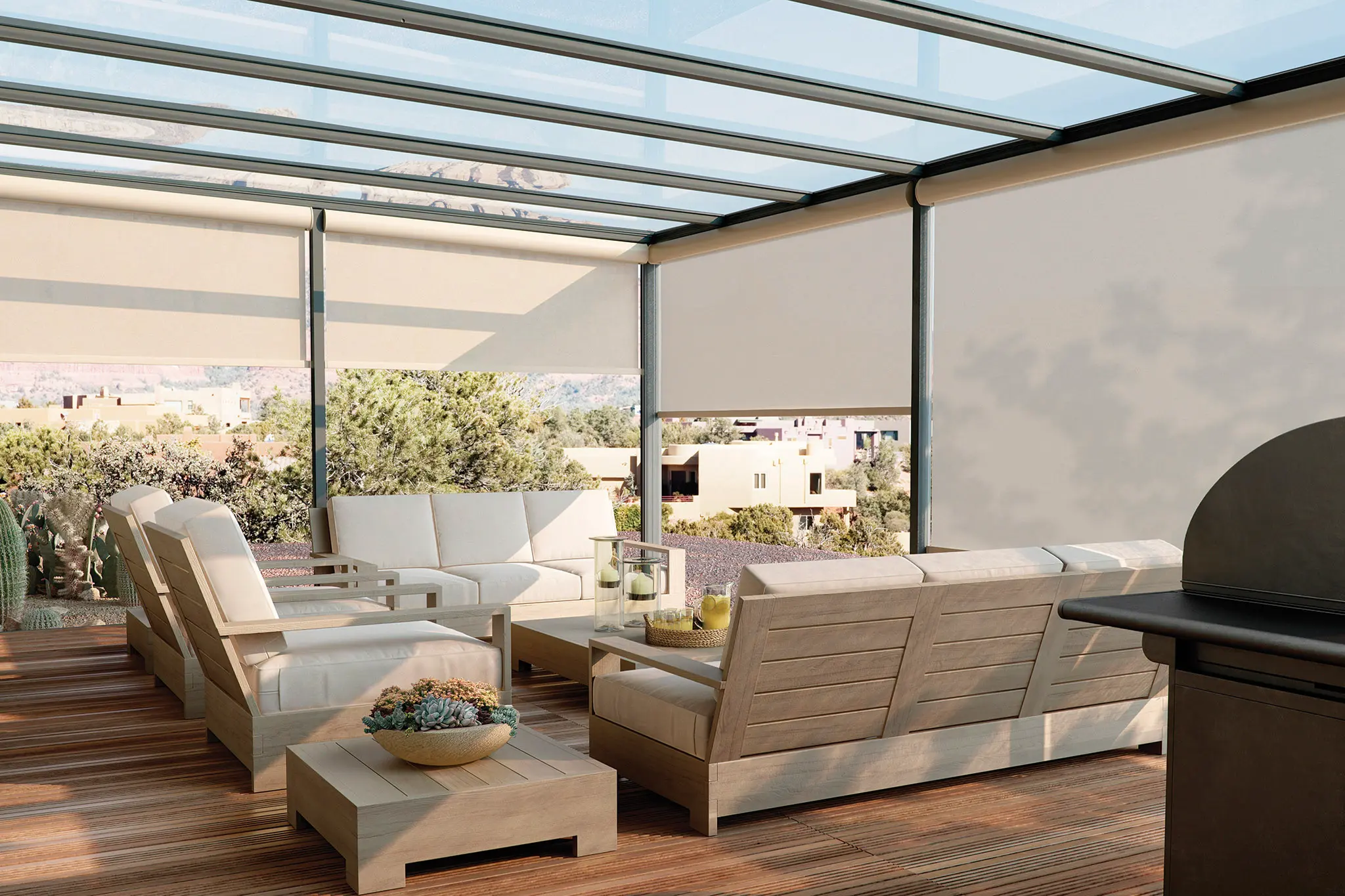 Glass-roofed patio enclosed by beige exterior solar shades around outdoor seating