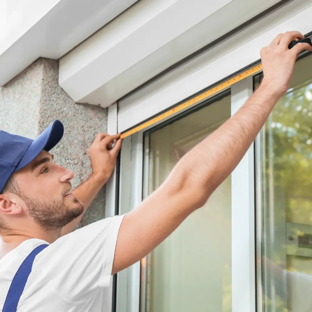 Installer measuring a window frame with a tape measure before fitting window treatments