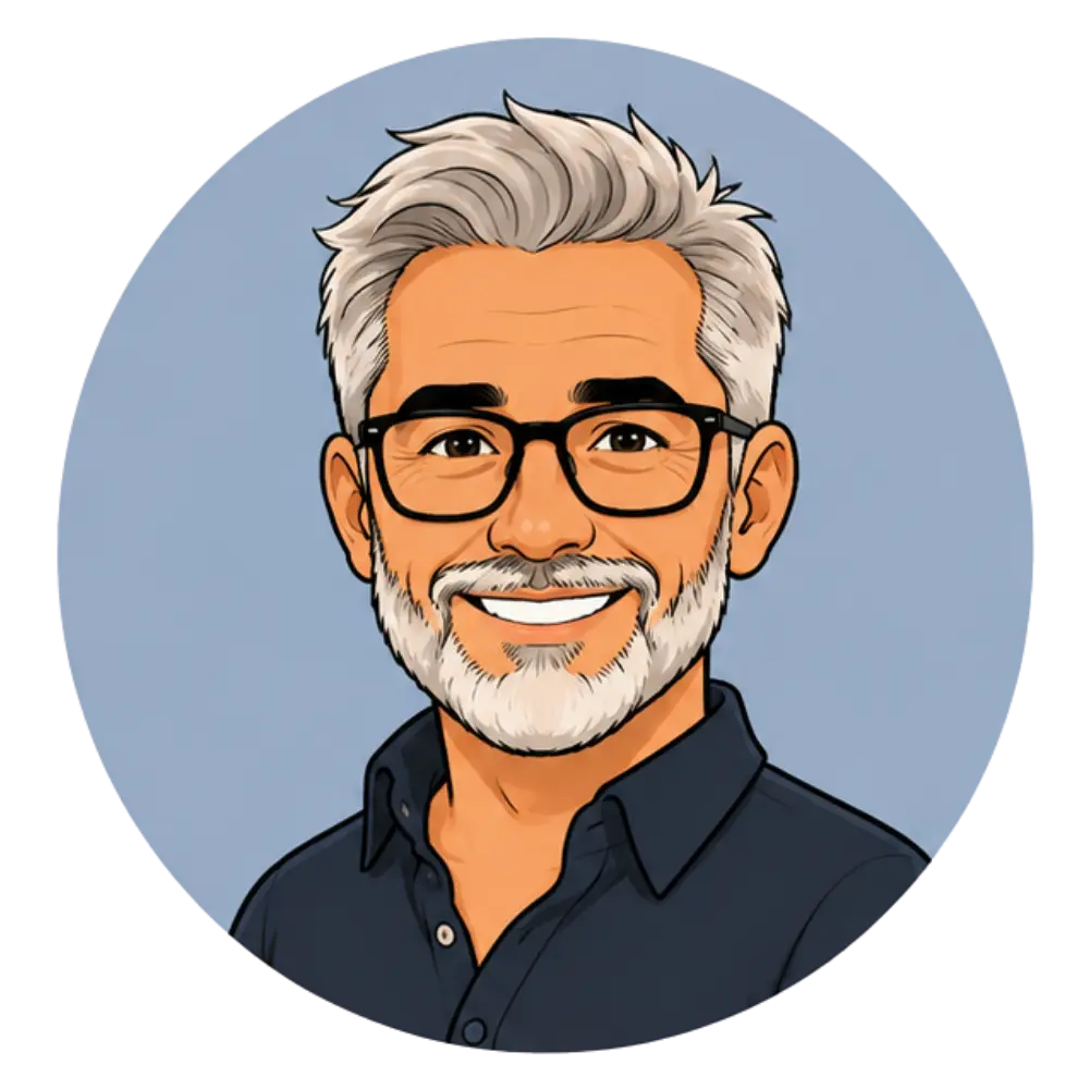 Illustrated avatar of a smiling gray-haired man with glasses and a beard