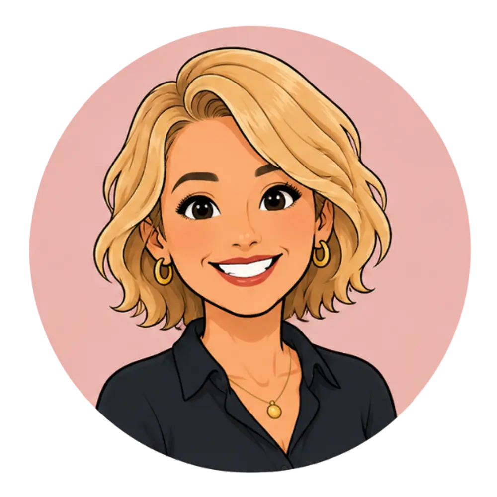 Illustrated avatar of a smiling woman with short wavy blonde hair