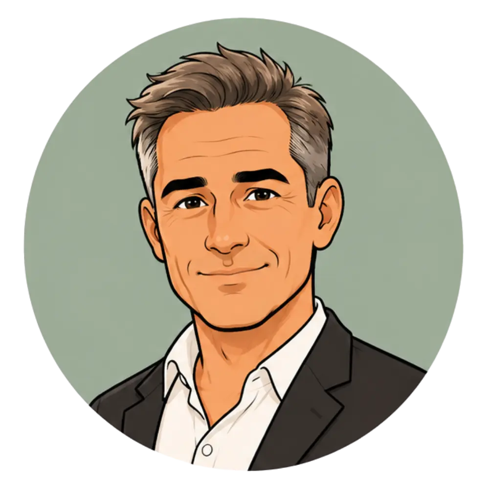 Illustrated avatar of a smiling man with graying hair in a dark blazer