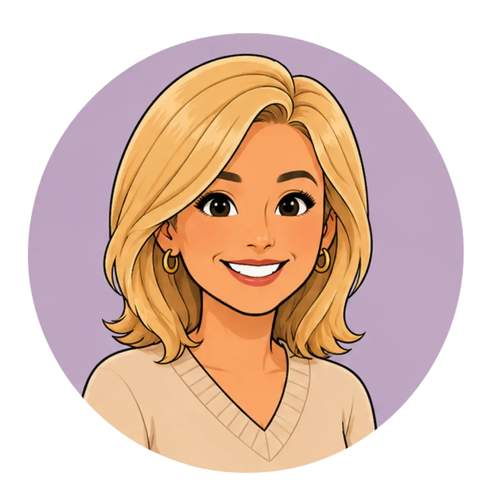 Illustrated avatar of a smiling woman with shoulder-length blonde hair
