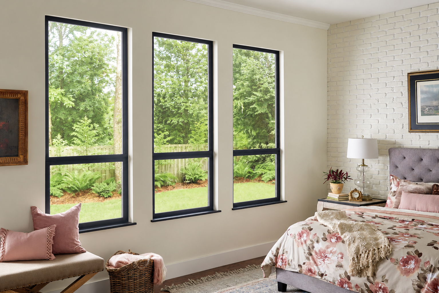 Bedroom with bare windows before installing Roman shades