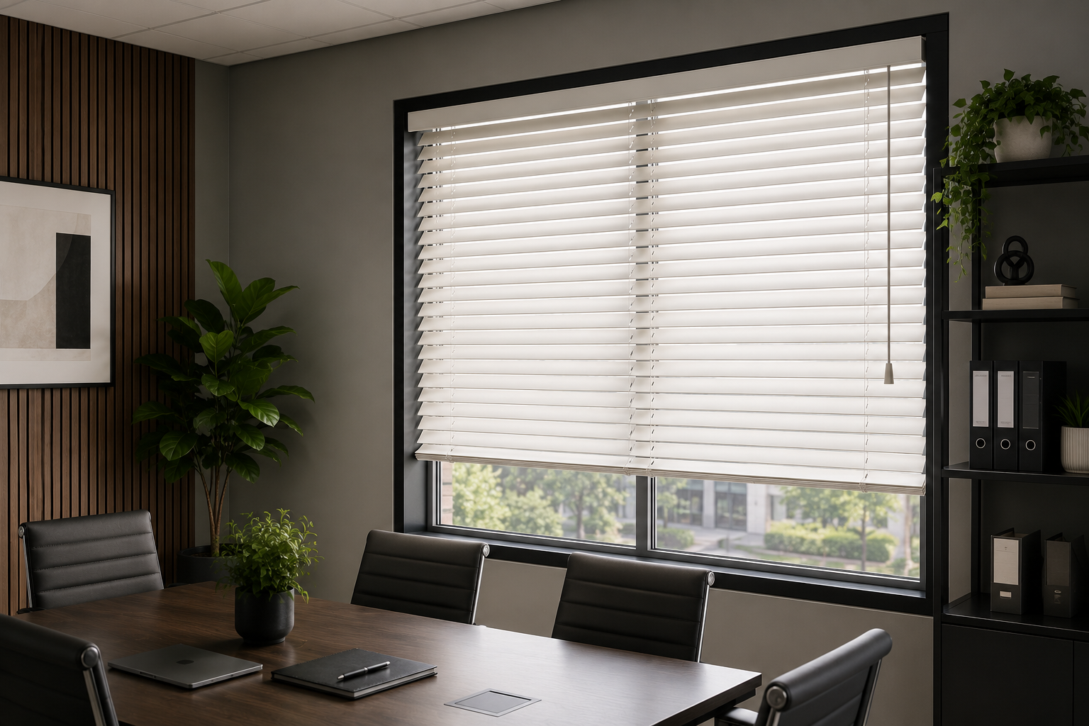 White custom wood blinds partly raised on a conference room window