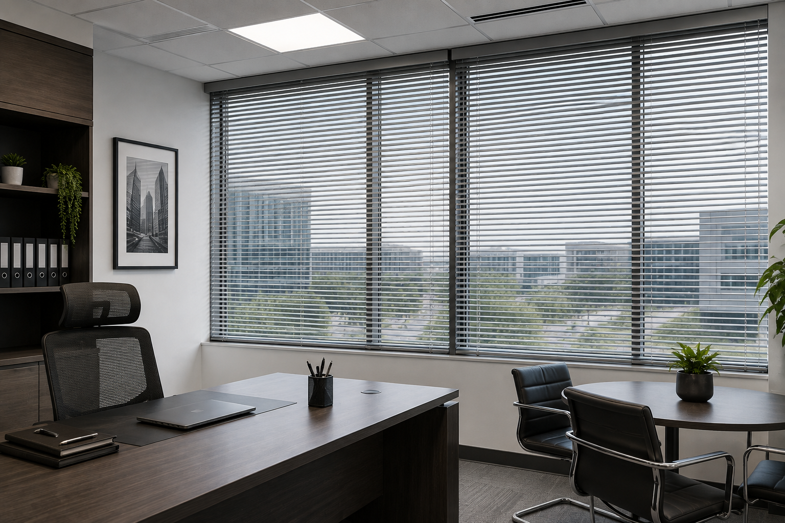 Aluminum mini blinds on a large office window overlooking the city