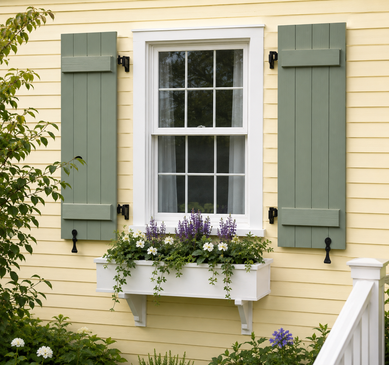 Sage green board and batten shutters beside a window with a flower box