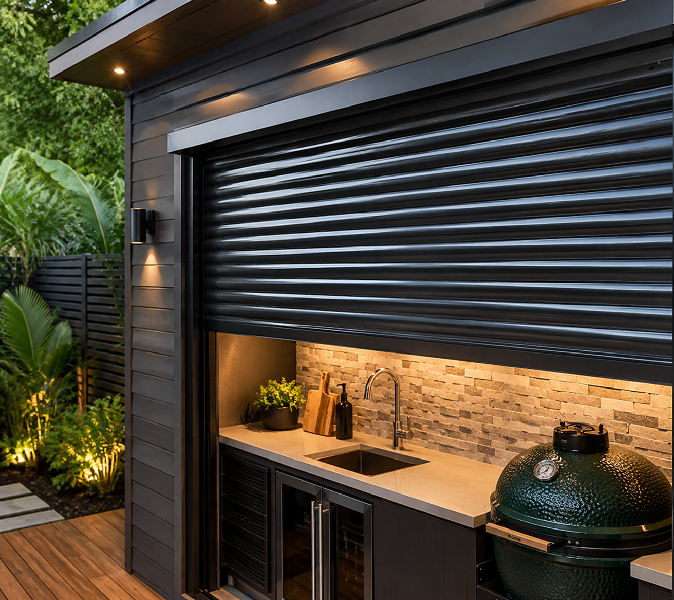Black roll-down security shutter partly raised over an outdoor kitchen